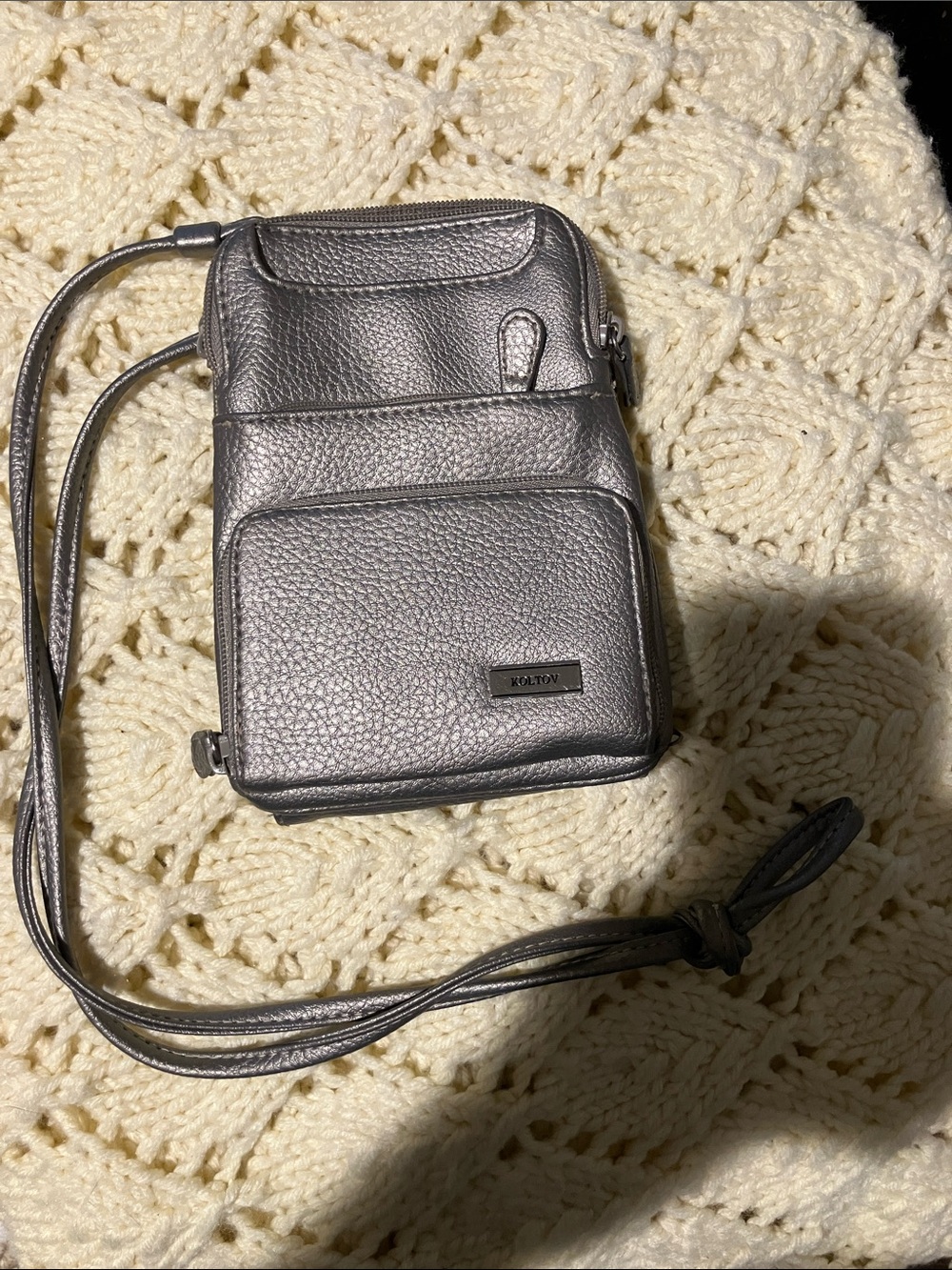 Koltov Pebbled Metallic Phone Crossbody in Silver Gray
